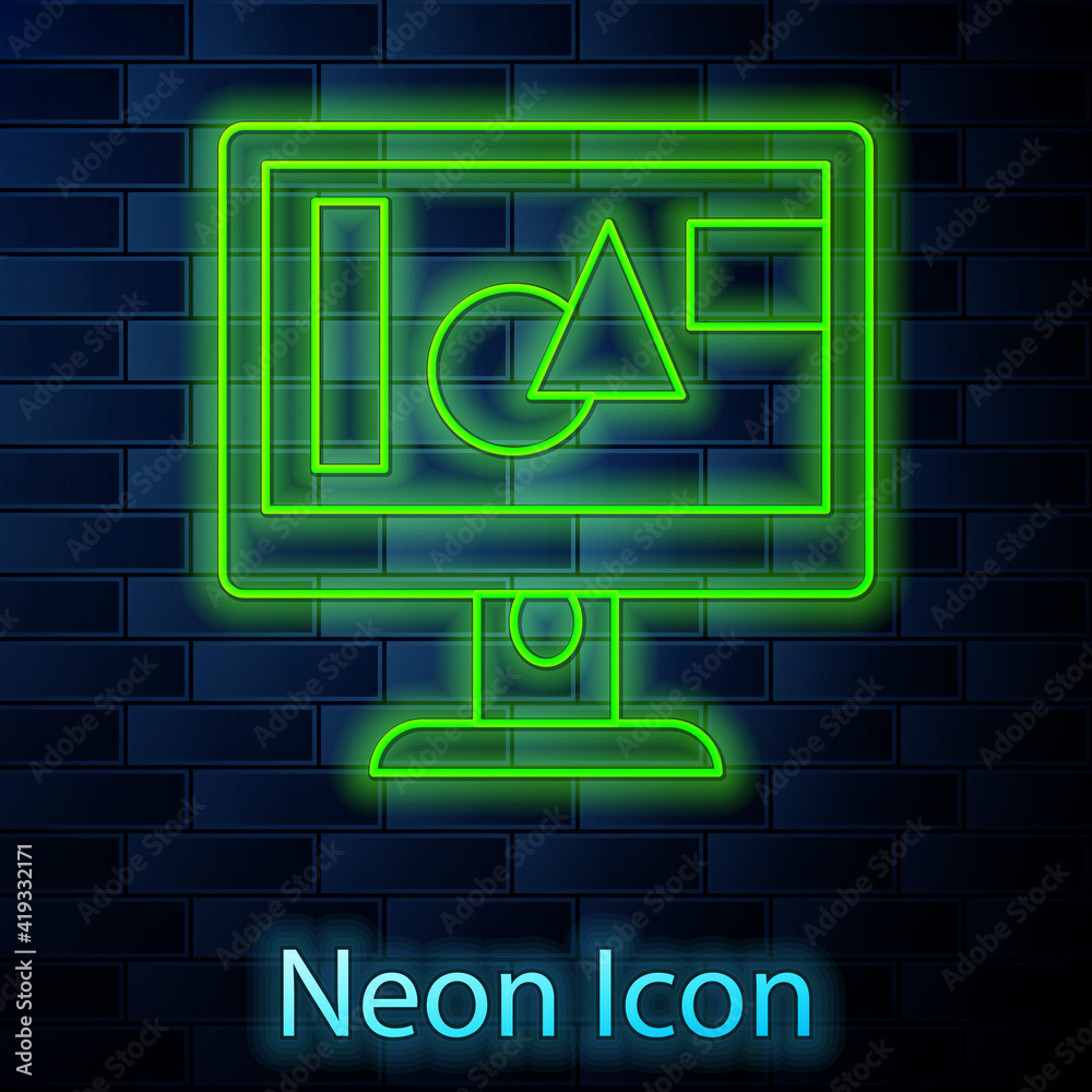 Glowing neon line Computer monitor screen icon isolated on brick wall background. Electronic device. Front view. Vector.