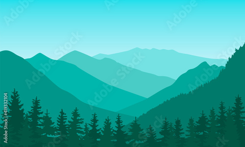 Vector illustration of a mountain landscape with a forest. Flat cartoon green color illustration for hike, track, camp. Outdoor and hiking concept. Template with mountains and trees silhouette.