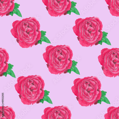 Hand painted seamless pattern with red roses and green leaves. Bright  colorful and romantic design perfect for postcards  wrapping paper  wedding invitations  textile. Drawn in colored pencils