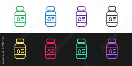 Set line Printer ink bottle icon isolated on black and white background. Vector.