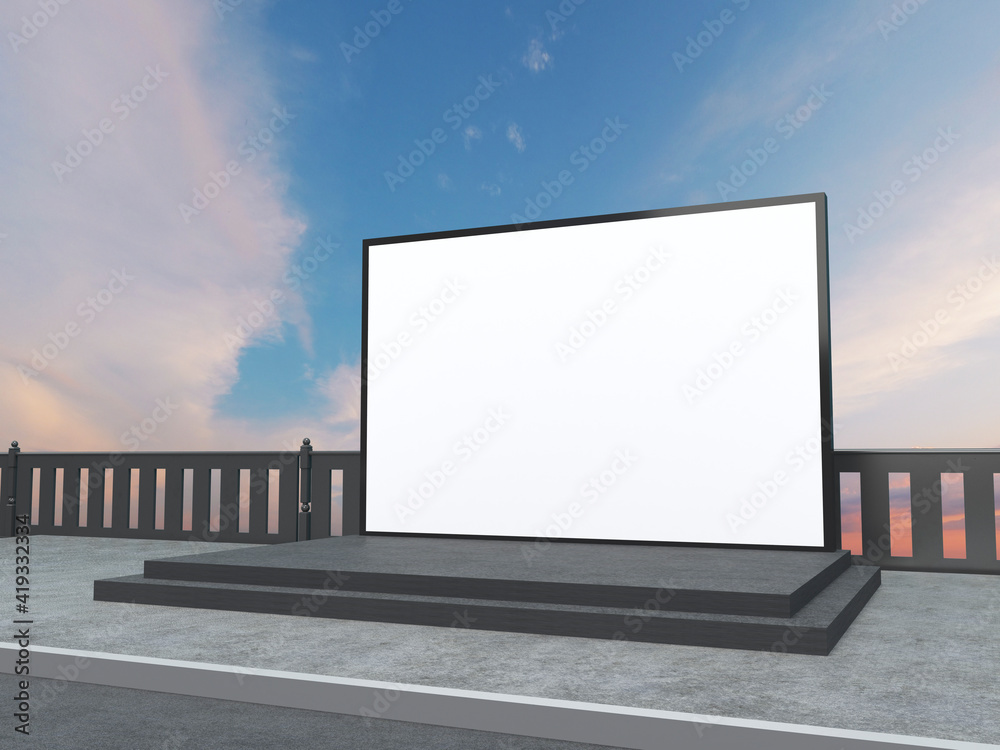 Fototapeta premium Concrete interior with city view, sunlight and empty banner with lamps. Mock up, 3D Rendering