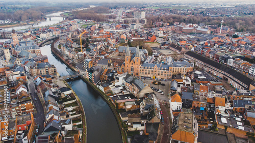 Aerial view of the Benedictine Abbey  in the town center of Dendermonde  Belgium