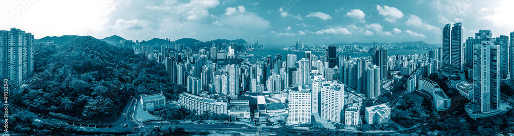 Fototapeta premium Panorama view of Hong Kong city in blue color tone