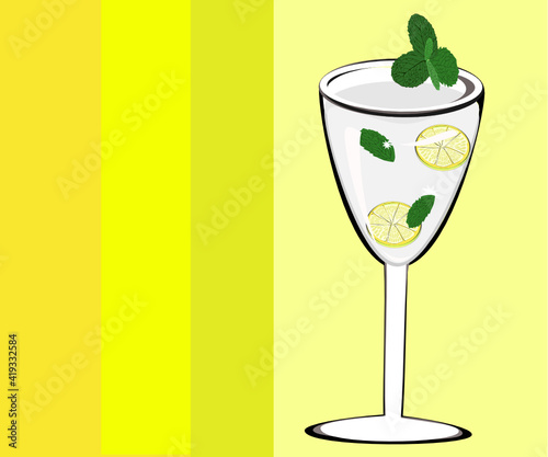 Lemon juice, mint glass, refreshing, yellow background Vector illustration, summer drinks and herbs