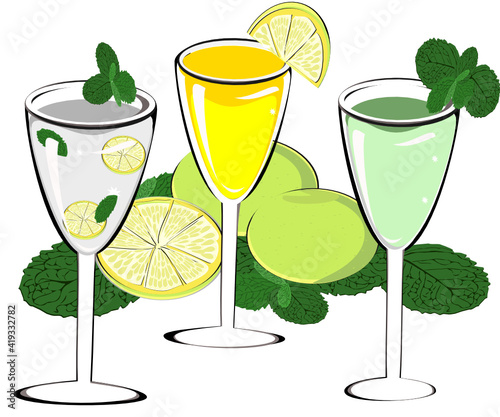Lemon juice, mint glass, refreshing, yellow background Vector illustration, summer drinks and herbs