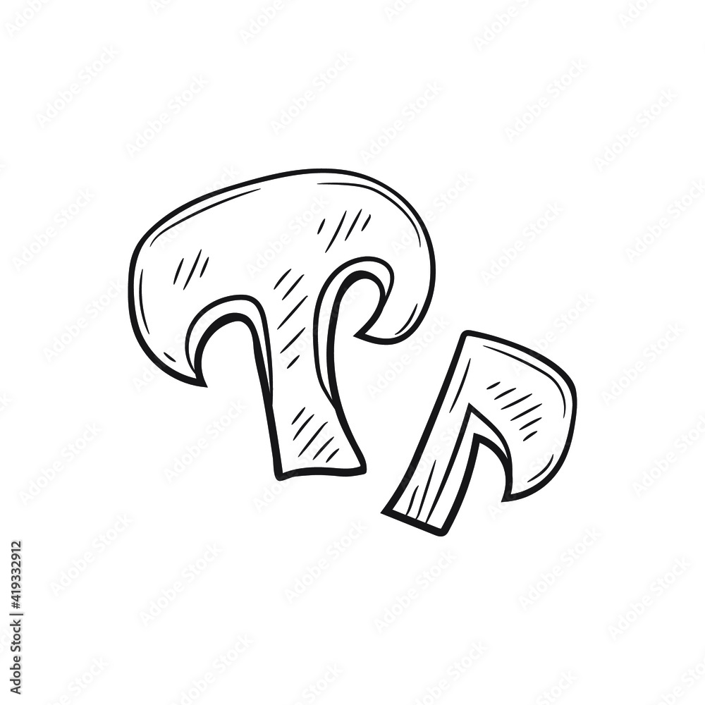 Obraz premium Cute hand drawn mushroom slice. The ingredient for various meals in cooking. Vector 