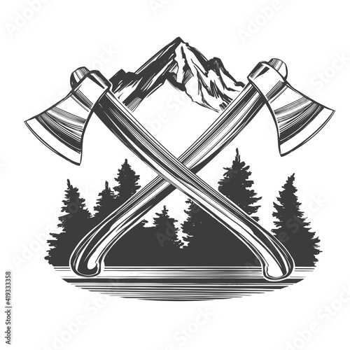 axes on the background of mountains and forests, an emblem for tourism hand drawn vector illustration sketch