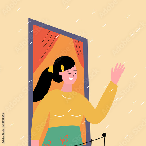 The girl waves to the world, the neighbor with a hand from the balcony. The girl stands at the window of the apartment. Vector illustration in trendy flat style