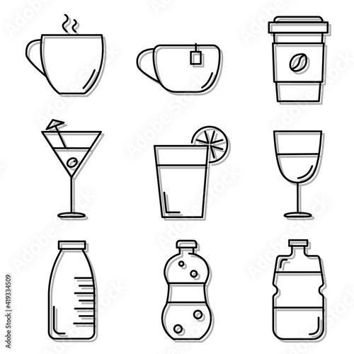 Drinks, Glasses and Cups. Set of Flat Icons. Black Stroke on White Background in Outline Design. Set for Cafe or Restaurant Menu. Vector EPS10