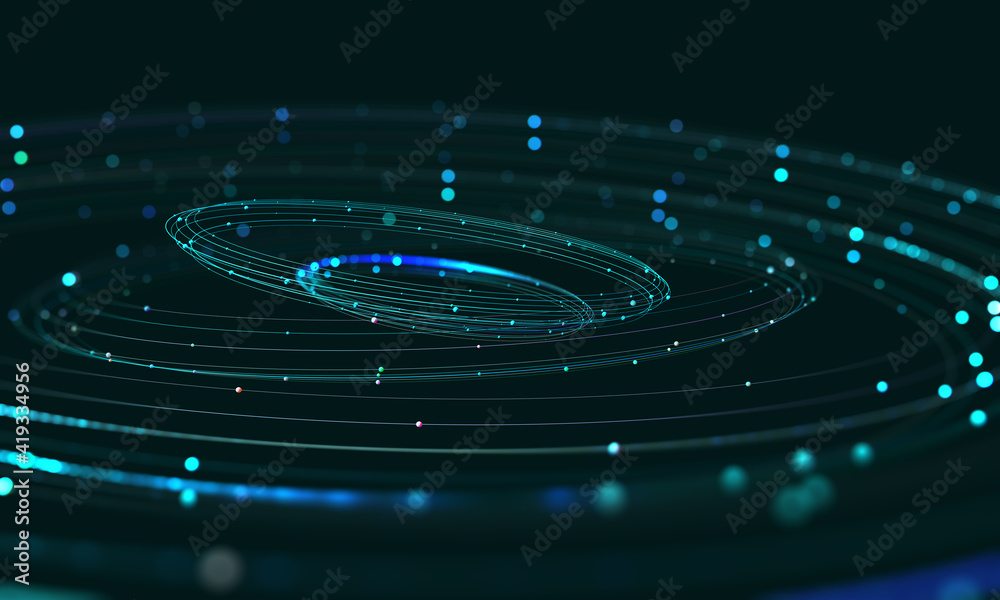 Fototapeta premium Data center, Big data analytics. Business technologies of our time. Massive data, digital funnel, information whirlpool. Orbit, trajectory, flow, information 3D illustration