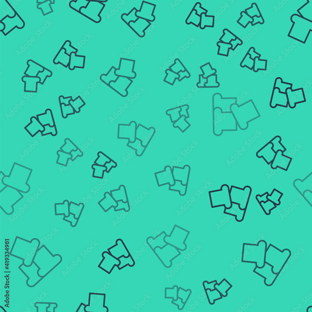 Black line Bread toast for sandwich piece of roasted crouton icon isolated seamless pattern on green background. Lunch, dinner, breakfast snack. Vector.