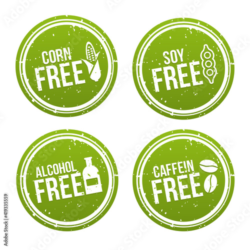 Set of Allergen free Badges. Corn free, Soy free, Alcohol free, Caffein free. Hand drawn Signs. Can be used for packaging Design.