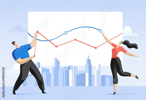 Uomo e donna che analizzano i dati grafici sullo sfondo della città