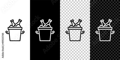 Set line Beer bottles in ice bucket icon isolated on black and white,transparent background. Vector.