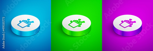 Isometric line Beer bottles in ice bucket icon isolated on blue,green and purple background. White circle button. Vector.