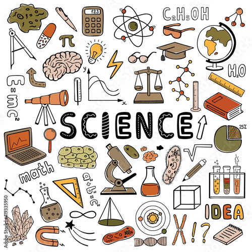 Science. Set of vector colored hand drawn doodle style elements.