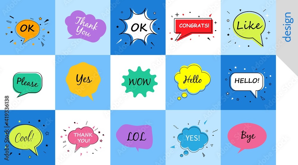 Hello wow ok yes, Speech bubbles with dialog words Vector bubbles speech illustration Thinking and speaking clouds