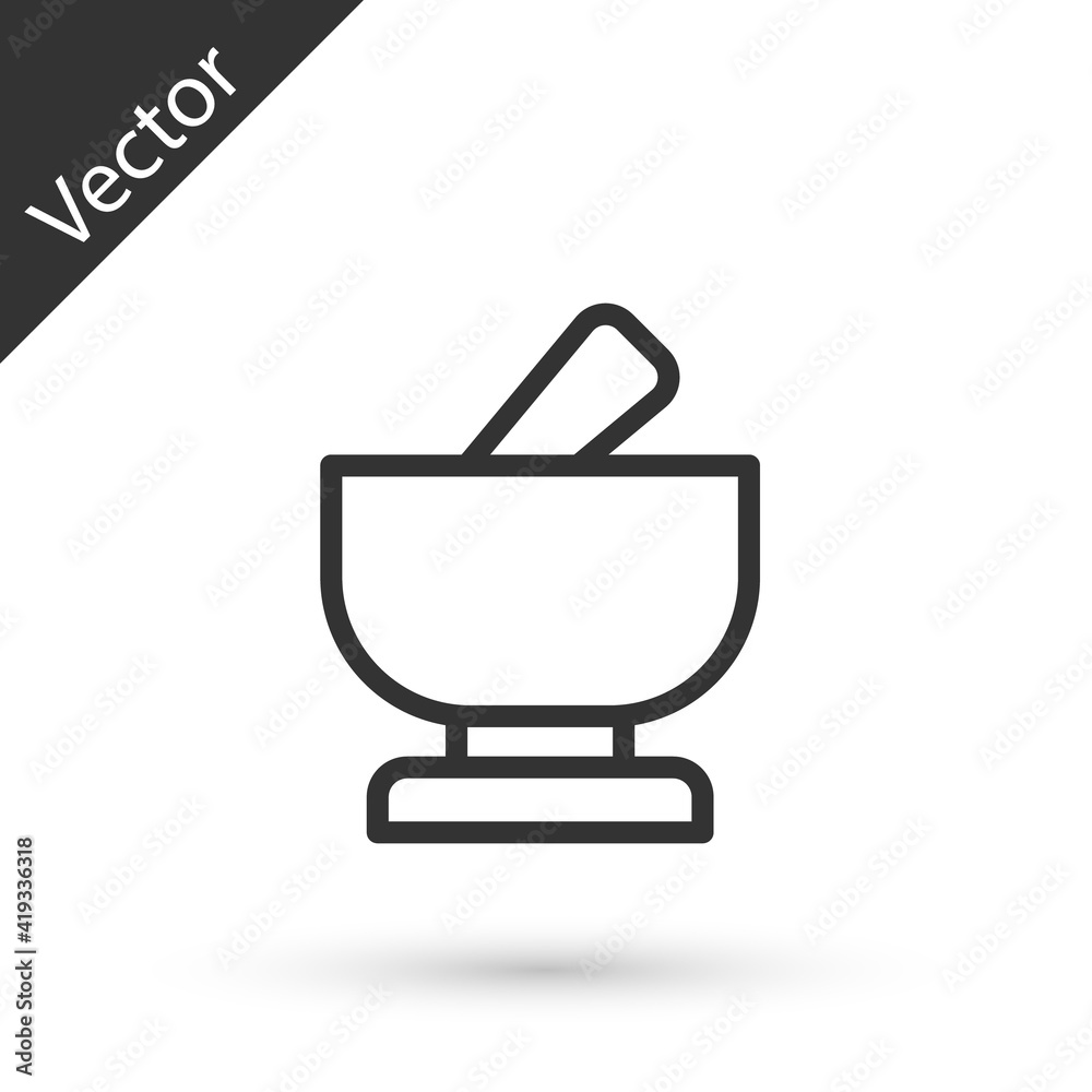Grey line Mortar and pestle icon isolated on white background. Vector. Grey line Mortar and pestle icon isolated on white background. Vector.