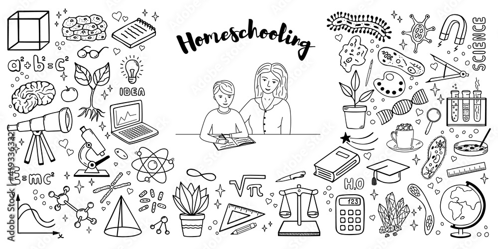 Homeschooling. Large set of vector hand drawn doodle style elements.
