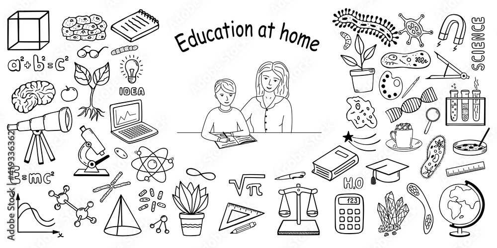 Education at home. Big set of vector hand drawn doodle style elements. Education at home. Big set of vector hand drawn doodle style elements.