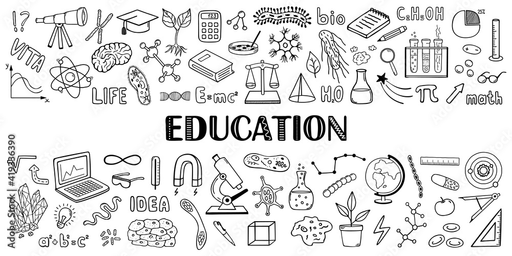 Education and Science. Big set of vector hand drawn elements in doodle style.