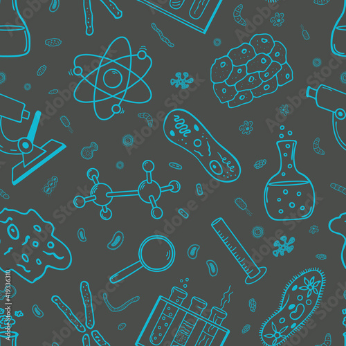 Chemistry and biology. Seamless pattern of vector hand drawn elements in doodle style.