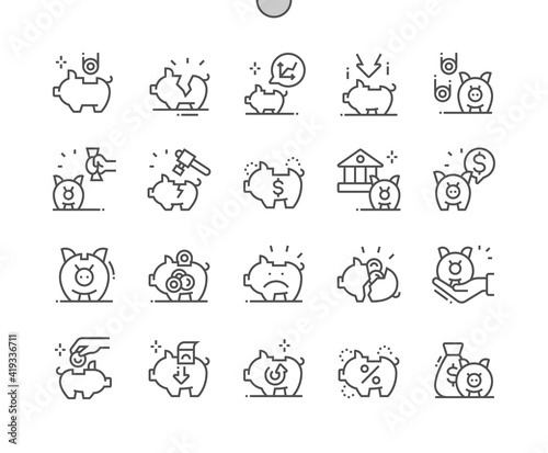 Piggy bank. Savings for period. Accumulation. Coin, save, finance, economy, saving, investment and financial. Pixel Perfect Vector Thin Line Icons. Simple Minimal Pictogram
