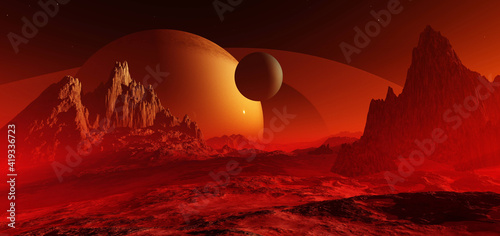 Beautiful alien landscape at the sunrise of the planet, sunset on another planet, alien landscape at the sunrise, 3d rendering