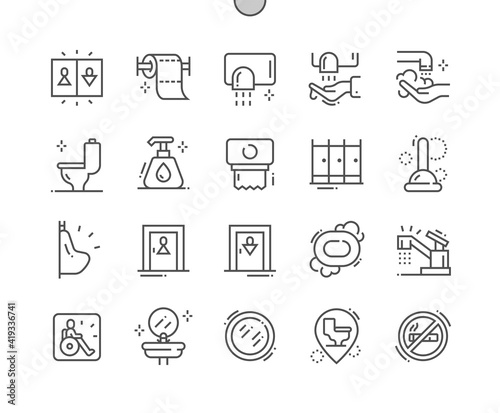 Toilet, restroom. Toilet paper. Hand dryer. Bathroom, domestic, household, washroom, wash, sanitary and hygiene. Pixel Perfect Vector Thin Line Icons. Simple Minimal Pictogram