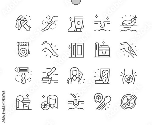 Epilation. Shugaring. Leg hair removal. Bikini area. Laser, body, skin, salon, woman, beauty and depilation. Pixel Perfect Vector Thin Line Icons. Simple Minimal Pictogram