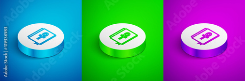 Isometric line Cross ankh book icon isolated on blue,green and purple background. White circle button. Vector.