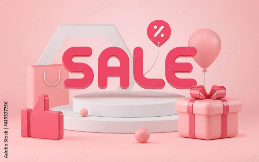 Successful 3d sale vector illustration pink like with gift box tied with red ribbon Successful 3d sale vector illustration pink like with gift box tied with red ribbon