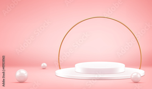 White podium 3D with golden rainbow and balls pink vector illustration.