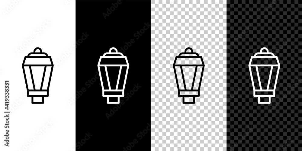 Set line Garden light lamp icon isolated on black and white,transparent background. Solar powered lamp. Lantern. Street lamp. Vector.
