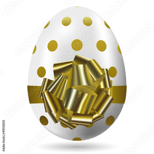 Happy easter golden polka dot  white egg with gold bow and ribbon. Traditional easter symbol. Isolated on white vector illustration
