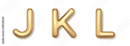 Yellow letters 3d J K L balloons vector icons. Gold metal font with shiny typography and luxurious style.