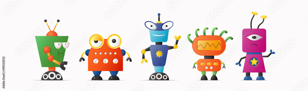 Set of cute vector robot characters for kids. Funny vintage style robotics