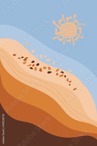 Nature pattern. Abstract landscape, sky, sands, plant, style of minimalist , hand drawn. Use for packaging, wallpaper, design for textiles, postcard, concept, clipart, vector illustration.