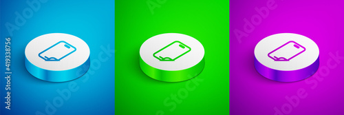 Isometric line Glass screen protector for smartphone icon isolated on blue, green and purple background. Protective film for glass. Transparent soft glass for mobile phone. White circle button. Vector