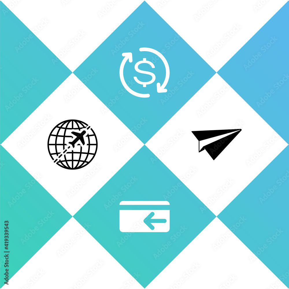 Set Globe with flying plane, Cash back, Return of investment and Paper icon. Vector. Set Globe with flying plane, Cash back, Return of investment and Paper icon. Vector.