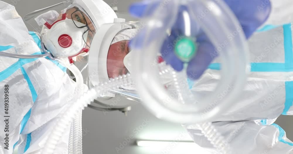 Anesthesiologist Doctor putting mask patient face, Low Angle Shot POV ...