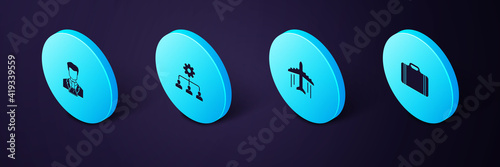Set Isometric Suitcase for travel, Plane, Lead management and Scientist and test tube icon. Vector.