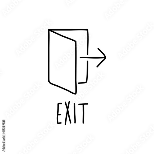Logotipo con texto manuscrito exit escrito a mano con puerta abierta con flecha con lineas en color negro
