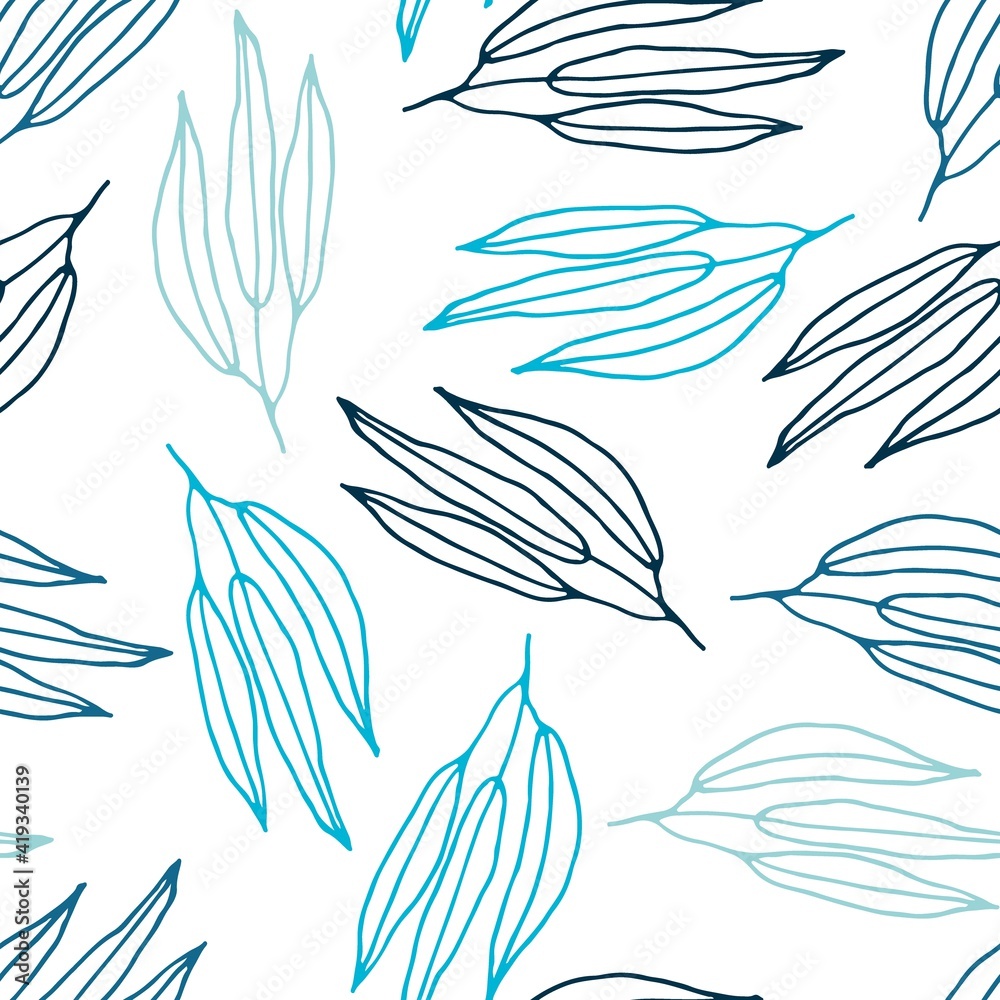 Leaves seamless pattern. linear contour on white background. Hand drawn Doodle style blie color. Digital paper for scrapbooking, digital creativity, gift packaging, fabric, wallpaper, other surfaces.