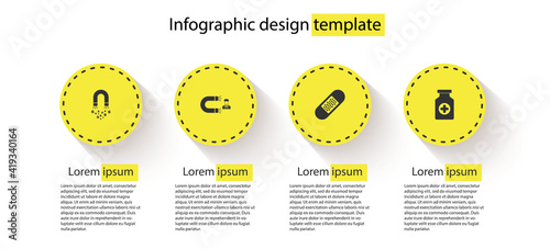 Set Magnet with money, Customer attracting, Bandage plaster and Medicine bottle. Business infographic template. Vector.
