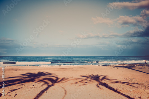 Fototapeta Naklejka Na Ścianę i Meble -  Beach landscape with sand and palm shadow and blue water ocean horizon with sky - concept of resort and beautiful sea place for travel and vacation lifestyle