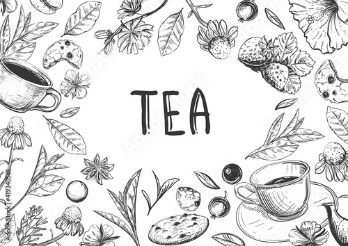 Vector illustration frame for Tea Shop. Vector card design with tea. Poster for tea house. Vector hand drawn set. Linear graphic banner.
