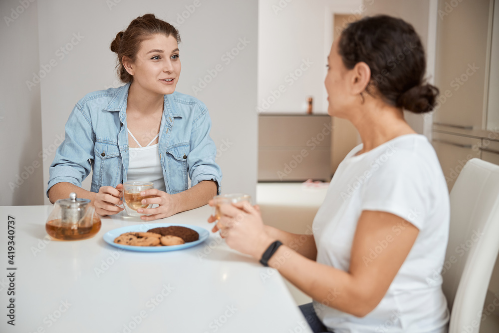 Two women having pleasant conversation in the kitchen Two women having pleasant conversation in the kitchen