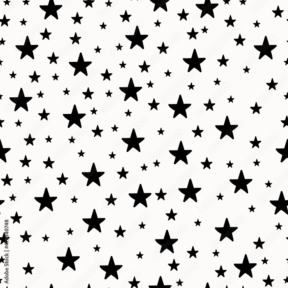 Seamless pattern with black stars on a white background. Doodle vector illustration.