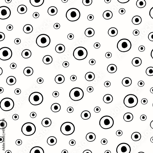 Background with black and white circles and dots. Seamless pattern. Doodle vector illustration.